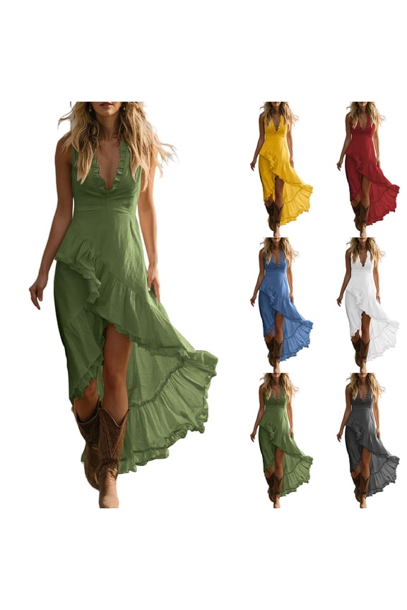V Neck Maxi Dress for Women Sleeveless Ruffle Irregular Hem Tank Dresses Western Elegant Flowy Casual Summer Sundress Dark Gray,L