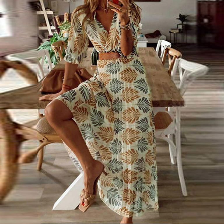 V Neck Maxi Dresses Loose Comfy Beach Sundress Tunic Mini Swing