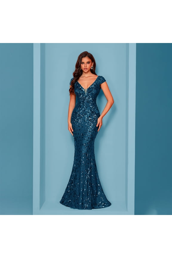 V-Neck Maxi Formal Dresses for Women with Cap Sleeve Cocktail Dresses with Sequin Embroidery Wedding Guest Dresses for Women Mermaid Evening Gown for Party Prom and Birthday Peacock Blue M