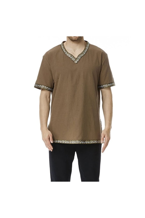 V Neck Medieval Peasant Tunic, V Neck Medieval Renaissance Tunic Top, Decorative Trim Short Sleeve Viking Peasant Cosplay Shirt for Larp Halloween Party,Earth Tone Casual Historical Top, Brown L