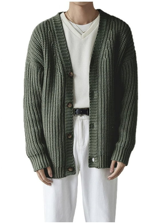 V-Neck Men Cable Knit Cardigan Male Sweater