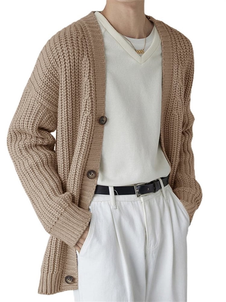 Men's Sweater Cardigan Knit Button Knitted Solid Color V Neck Vintage