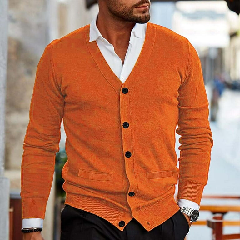 V Neck Mens Casual Button Solid V Neck Slim Fit Warm Sweater Cardigan Coat Cardigan Mens Sweater Orange