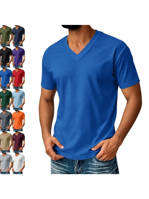 V Neck Mens T-Shirts Short Sleeve Summer Comfort T Shirts for Men V Neck Breathable Comfy T Shirts for Man Solid Tees Blue 220