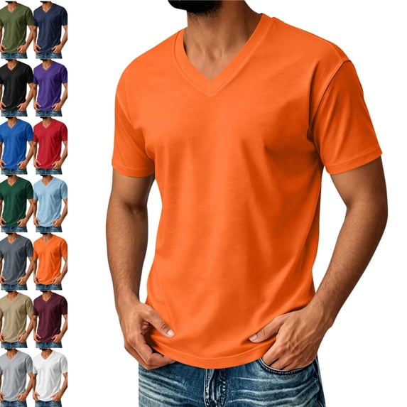 V Neck Mens T-Shirts Short Sleeve Summer Comfort T Shirts for Men V Neck Breathable Comfy T Shirts for Man Solid Tees Saffron 250
