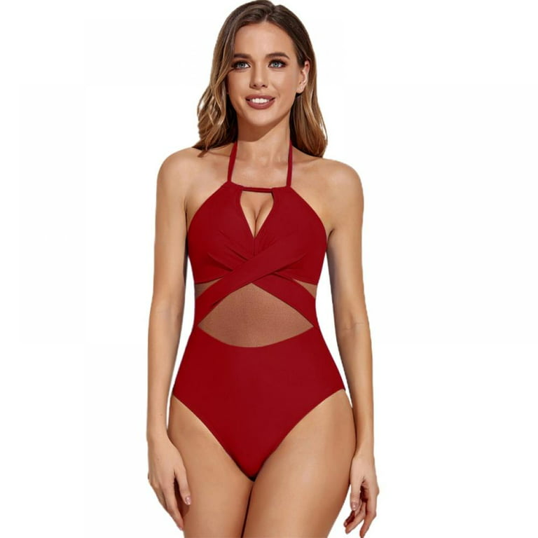 V Neck Mesh Bathing Suit Sexy Halter One Piece Swimsuits for Women Tummy  Control Long Torso Swimsuit