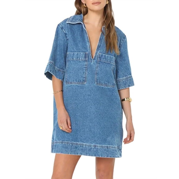 V Neck Mini Dress Womens Denim Shirt Dress Summer Collared Casual Jean Dresses with Pockets