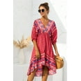 thumbnail image 1 of V Neck Mixed Print Asymmetrical Hem Bohemian Style Dress for Women, 1 of 3
