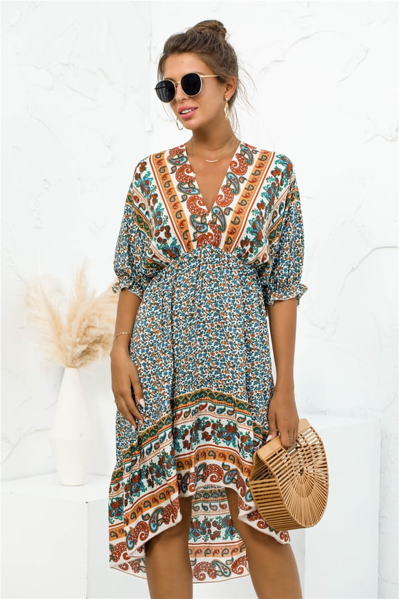 V Neck Mixed Print Asymmetrical Hem Bohemian Style Dress for Women