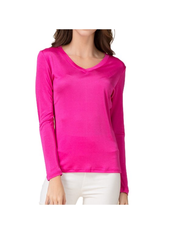 V Neck Mulberry Silk Thermal Shirts for Women Long Sleeve Tops Lightweight Base Layer Shirt