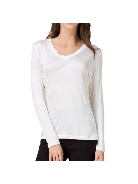 V Neck Mulberry Silk Thermal Shirts for Women Long Sleeve Tops Lightweight Base Layer Shirt
