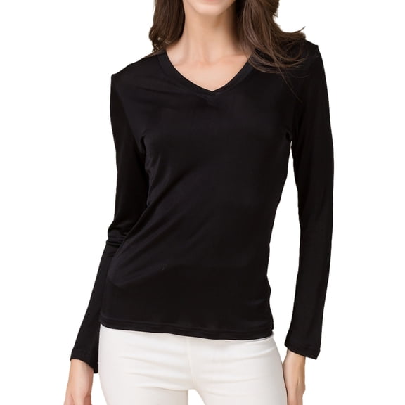 V Neck Mulberry Silk Thermal Shirts for Women Long Sleeve Tops Lightweight Base Layer Shirt