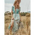thumbnail image 1 of V Neck Multicolor Print Tulip Sleeve Boho Dress Floor Length, 1 of 3