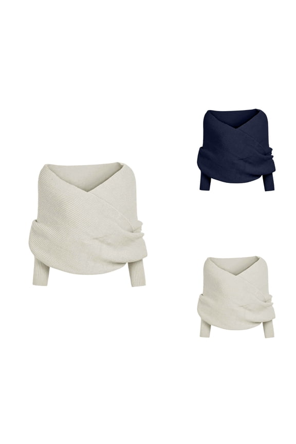 V-Neck Off-Shoulder Knitted Sweater Scarf with Sleeves for Women – Cable-Knit Wrap Shawl with Hollow-Out Crochet Detail