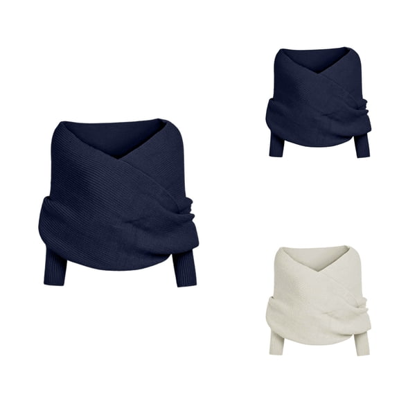 V-Neck Off-Shoulder Knitted Sweater Scarf with Sleeves for Women – Cable-Knit Wrap Shawl with Hollow-Out Crochet Detail