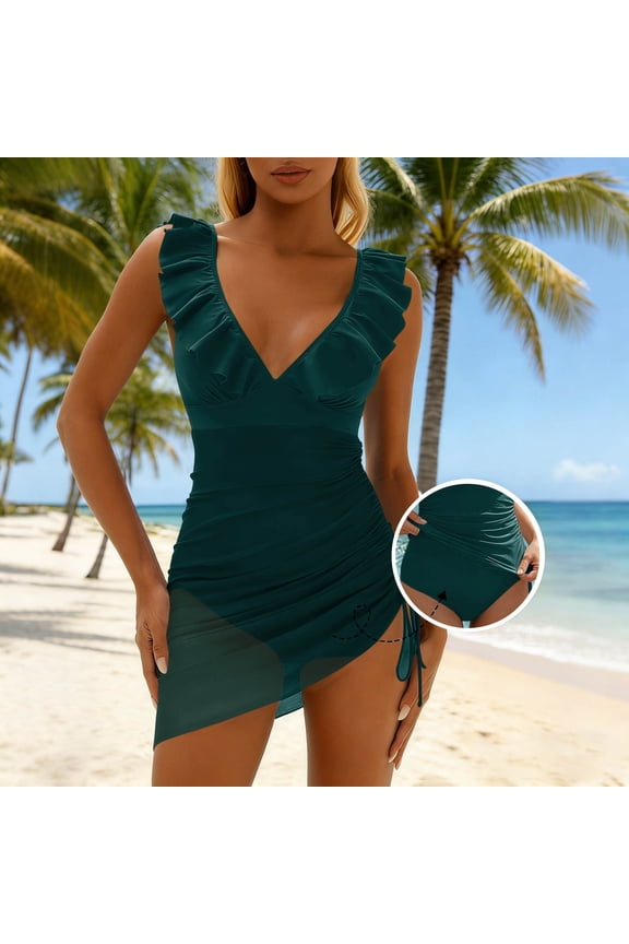 V Neck One Piece Swimsuit for Women Adjustable Strap Padded Flutter Sleeve Open Back Conservative Skirted Bathing Suit Navy M