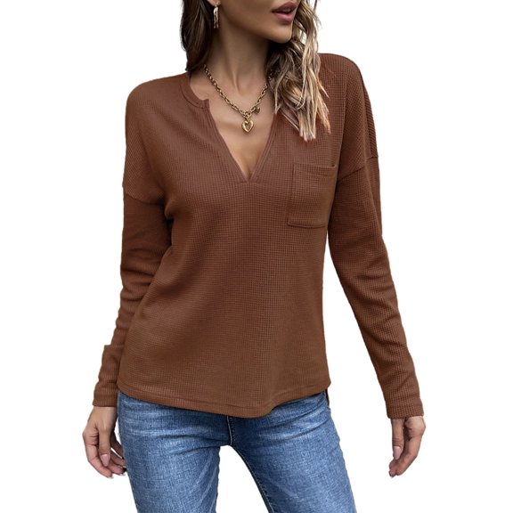 V Neck Patch Pocket Knit Sweater Brown Small