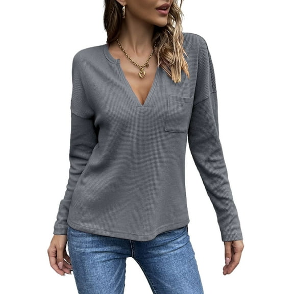 V Neck Patch Pocket Knit Sweater Gray Small