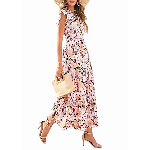 V-Neck Pleated Flying Sleeves Printed Midi Dress Picture4 XXL