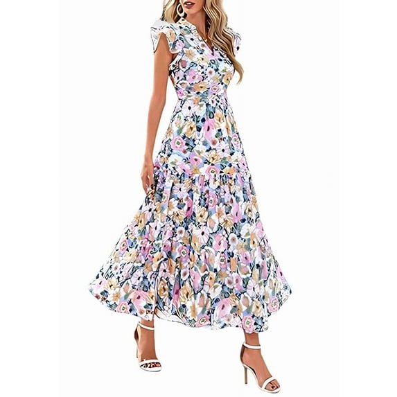 V-Neck Pleated Flying Sleeves Printed Midi Dress Picture5 S