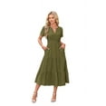 thumbnail image 1 of V-Neck Pleated Puff Sleeves Long-Sleeved Dress Green M, 1 of 4