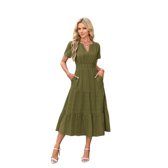 V-Neck Pleated Puff Sleeves Long-Sleeved Dress  Green XXL