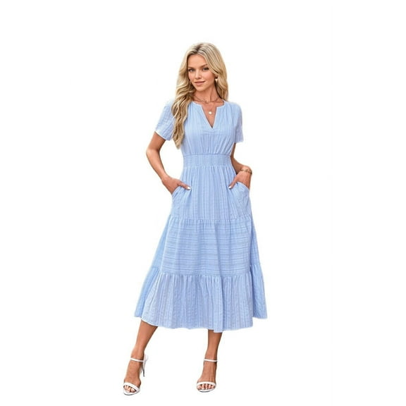 V-Neck Pleated Puff Sleeves Long-Sleeved Dress Light Blue S