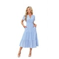 thumbnail image 1 of V-Neck Pleated Puff Sleeves Long-Sleeved Dress Light Blue XL, 1 of 4
