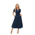 thumbnail image 1 of V-Neck Pleated Puff Sleeves Long-Sleeved Dress Navy Blue XXL, 1 of 4