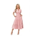 thumbnail image 1 of V-Neck Pleated Puff Sleeves Long-Sleeved Dress Pink L, 1 of 4