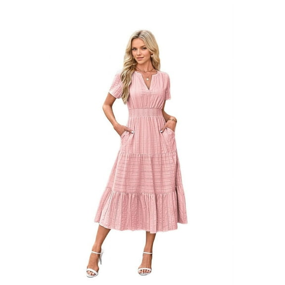 V-Neck Pleated Puff Sleeves Long-Sleeved Dress Pink M