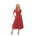 thumbnail image 1 of V-Neck Pleated Puff Sleeves Long-Sleeved Dress Red S, 1 of 4