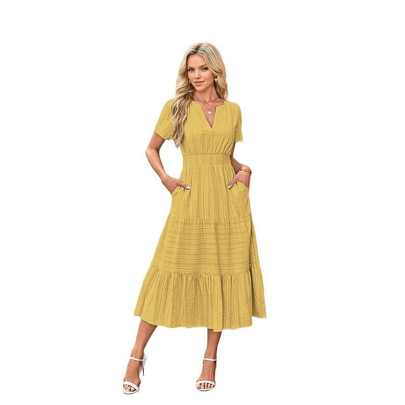 V-Neck Pleated Puff Sleeves Long-Sleeved Dress Yellow XXL