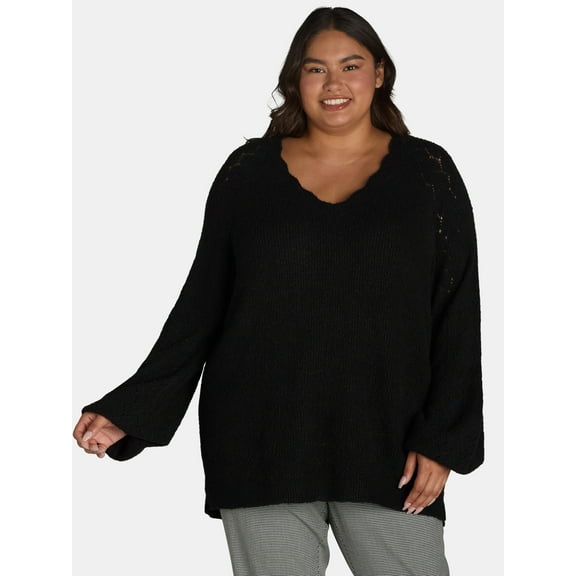 The Pioneer Woman V-Neck Pointelle Cardigan Sweater, Lightweight, Women’s Plus