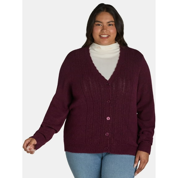 The Pioneer Woman V-Neck Pointelle Cardigan Sweater, Lightweight, Women’s Plus