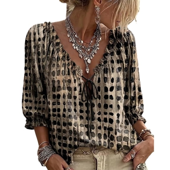 V-Neck Polka Dot Lace up Blouse for Women Casual 3/4,Polka Dot Lace up Blouse Ruffled V-Neck Tie Women, XL
