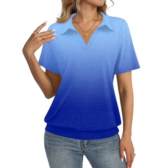 V Neck Polo Shirts for Womens - Summer 2026 Short Sleeve Collared Tops Business Casual Blouses Blue M