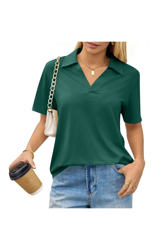 V Neck Polo Shirts for Womens - Summer 2026 Short Sleeve Collared Tops Business Casual Blouses Dark Green S