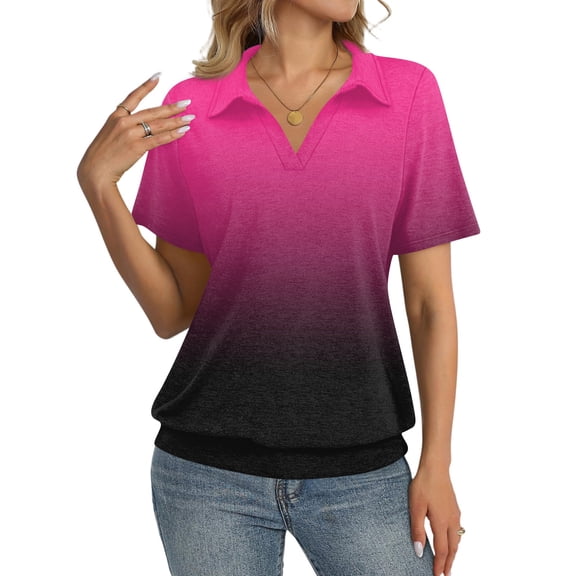 V Neck Polo Shirts for Womens - Summer 2026 Short Sleeve Collared Tops Business Casual Blouses Hot Pink L
