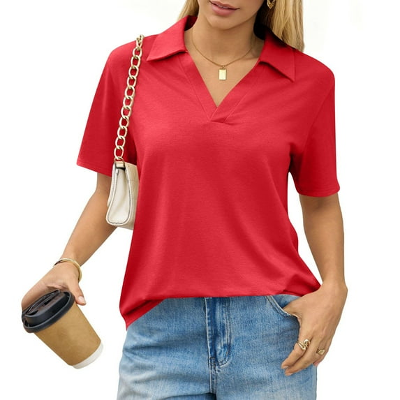 V Neck Polo Shirts for Womens - Summer 2026 Short Sleeve Collared Tops Business Casual Blouses Vermilion M