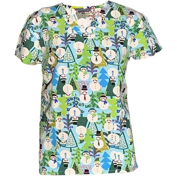 V-Neck Print Scrub Top Christmas Holiday, Light Blue Snowmen, M