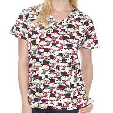 V-Neck Print Scrub Top Christmas Holiday, White Holiday Snow Man, L