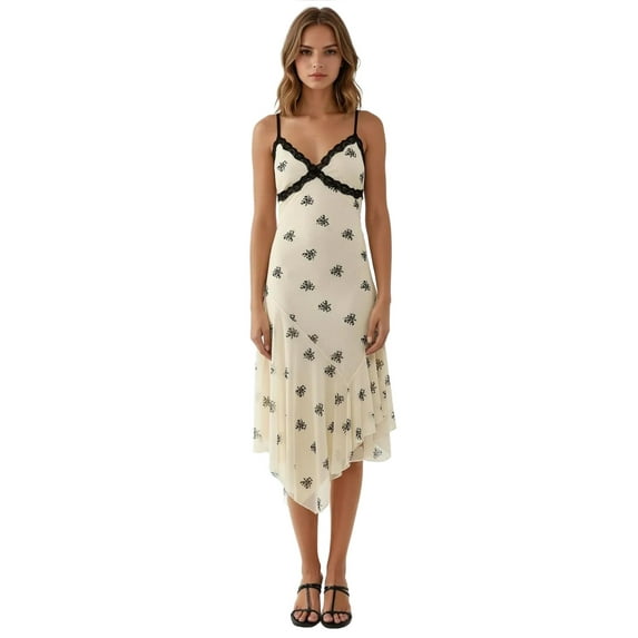 V-Neck Printed Bodycon Maxi Dress with Lace Detail