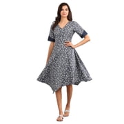 V-Neck Printed Dress - Blue-Large
