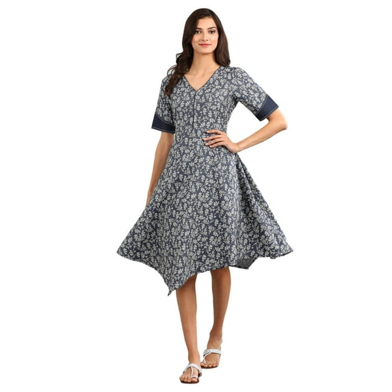 V-Neck Printed Dress - Blue-Medium