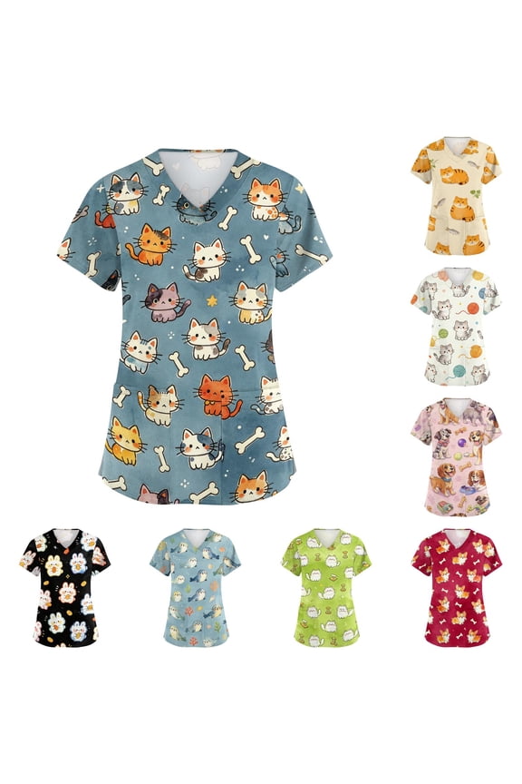 V-Neck Printed Scrub Top with Dual Pockets for Women - Soft Breathable Vet Tech Uniform featuring Cute Cat Patterns Pink XXXXXL
