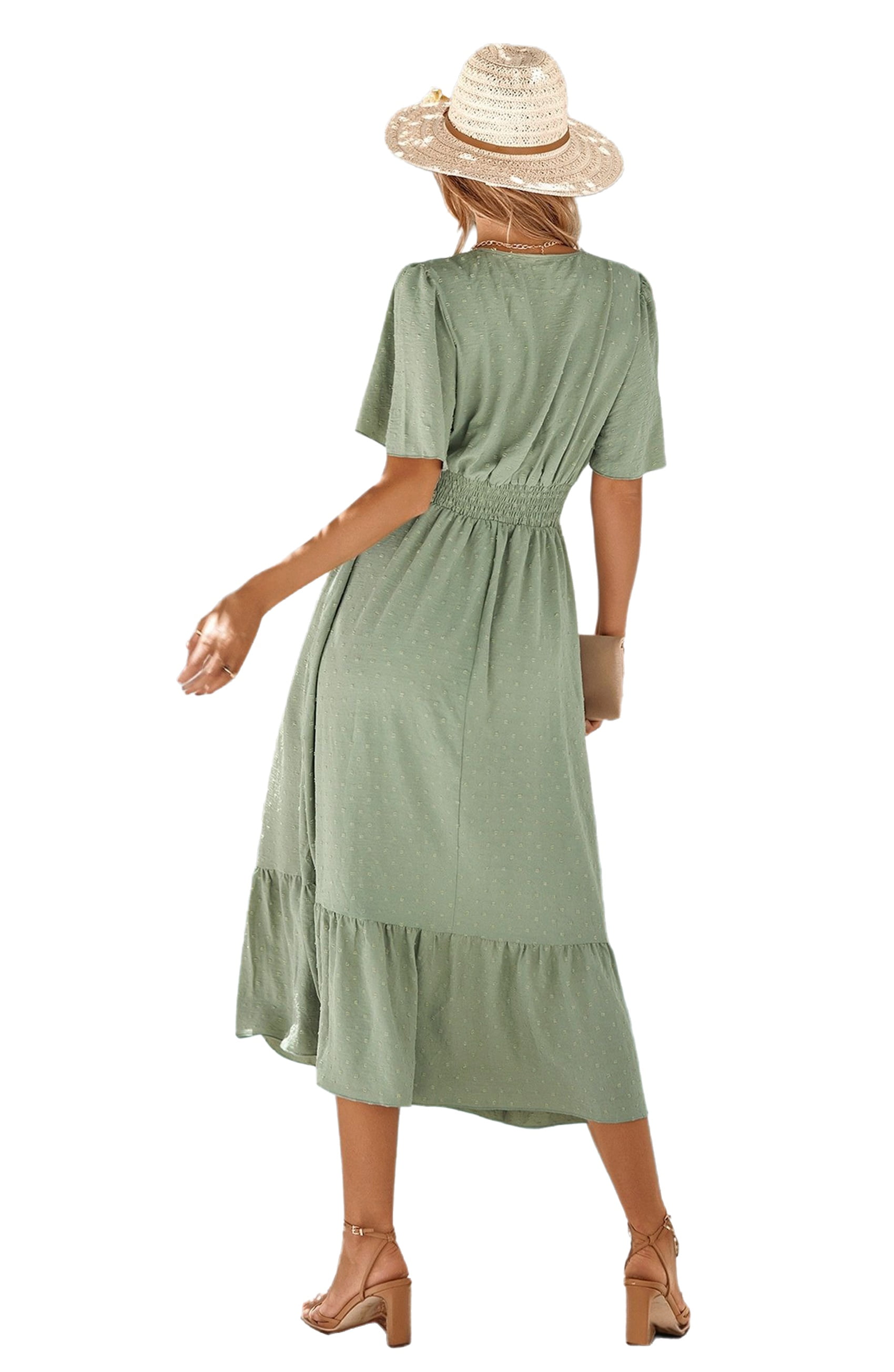 Bright Green Abstract Print V-Neck Puff Sleeve Mini Dress
