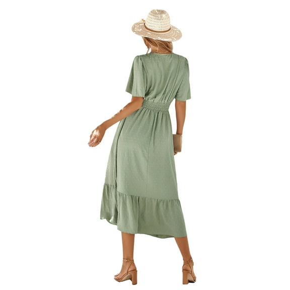 V Neck Puff Sleeve Dress Light Green S