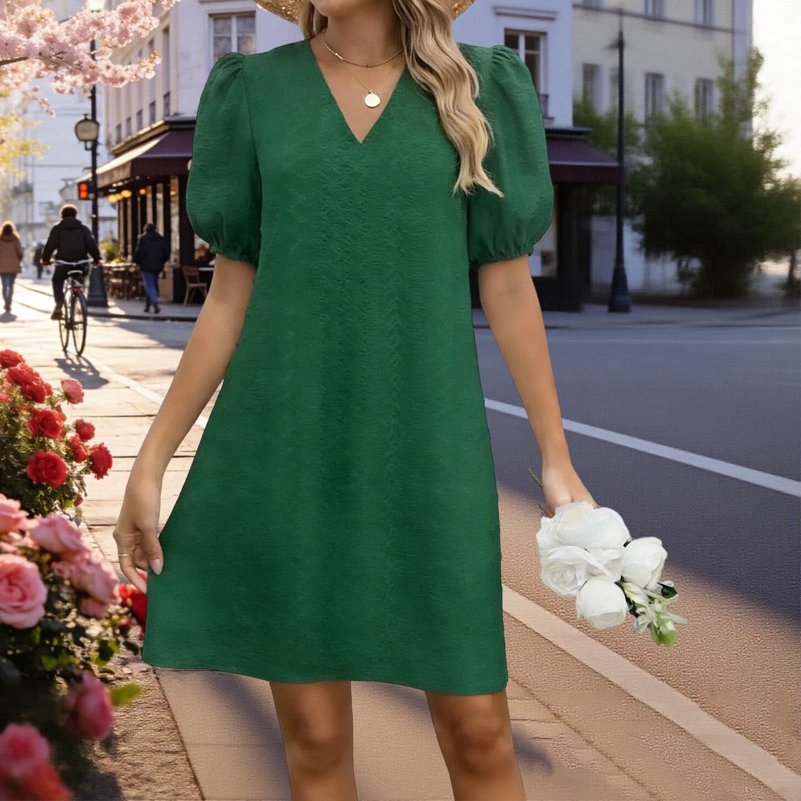 V Neck Puff Sleeve Dress with Locked Sleeves, Knee Length Court Style ...