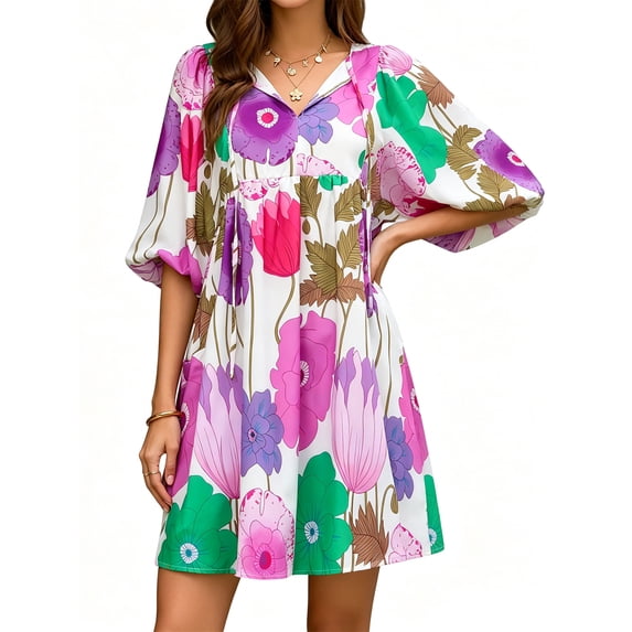 V Neck Puff Sleeve Floral Print Women High Waist Babydoll Mini Dress